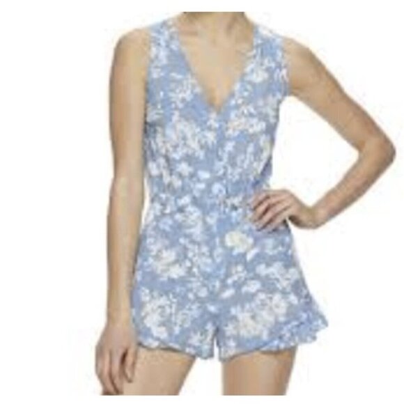 💎Joe B by Joe Benbasset Floral Ruffle Lace Boho Blue And White Romper - Picture 2 of 11